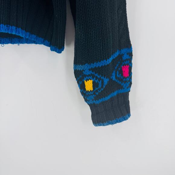 Vintage Liz Wear Knit Crewneck Bright Geo Pattern Black Sweater Size S Small - Picture 5 of 6